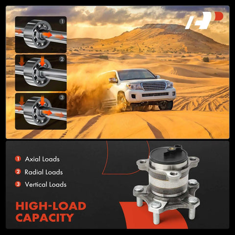 Rear Wheel Bearing And Hub Assembly For Five Lug Nissan Sentra 2020 2021 2022 2023 2024 Replacement Premium Quality Axle Hub Unit With High Load Capacity And Smooth Ride, showing load capacity and hub structure in desert terrain.