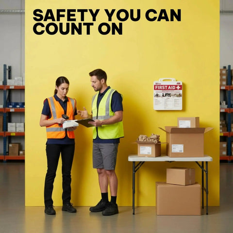 Two workers in safety vests next to a 321-piece first aid kit mounted on a yellow wall, boxes on table labeled 'Safety You Can Count On'.