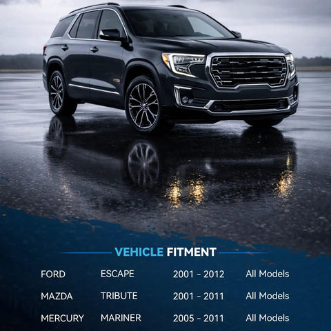 SUV highlighting fitment for Beefed Up Front And Rear Wheel Bearing And Hub Kit For Ford Escape 2001 To 2012 Mazda Tribute 2001 To 2011 Mercury Mariner 2005 To 2011 Five Lug Pattern