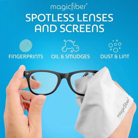 Using Premium Microfiber Cleaning Cloths For Glasses Screens Lenses 2 Pack to clean eyeglasses, removing fingerprints and smudges.