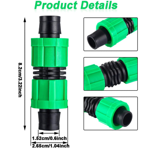 Green plastic drip irrigation coupling set, 5/8 inch universal connector for 16–17 mm tubing, includes 12 pieces.