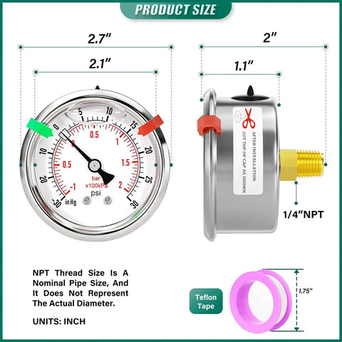 Glycerin Filled Stainless Steel Vacuum Pressure Gauge With Center Back Mount 2.5 Inch Dial Quarter Inch NPT Dual Scale From Minus 30 InHg To 30 Psi For Water Oil And Air Testing No Frills Durable Industrial Gauge showing front and side views with measurements