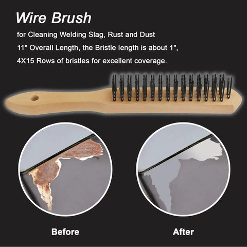 Wire brush for cleaning slag, rust shown with before and after comparison, 11 inch wooden handle, 4x15 bristle rows.