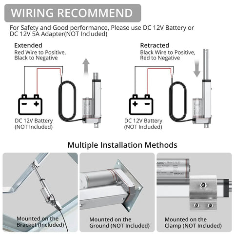 Diagram showing wiring and installation methods for 12V Linear Actuator For DIY Projects With 160 Lbs Thrust, 4 Inch Stroke