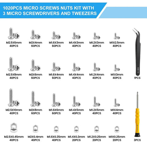 1020Pcs Stainless Steel Tiny Micro Screws Kit For Eyeglasses And Watches With 17 Sizes M1 To M2.5 displayed with tools