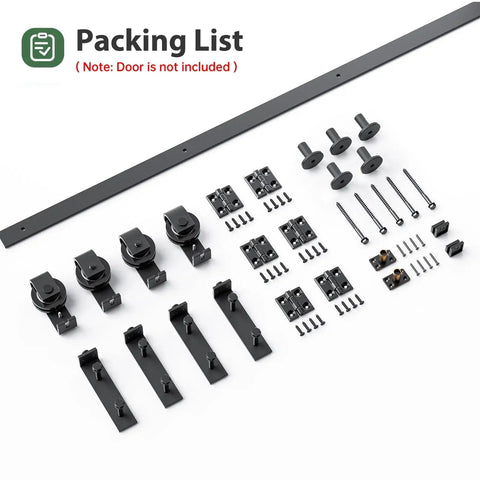 64-Inch Bi-Fold Sliding Barn Door Hardware Track Kit With Side Mounted Black J Shape Rollers laid out with assembly components