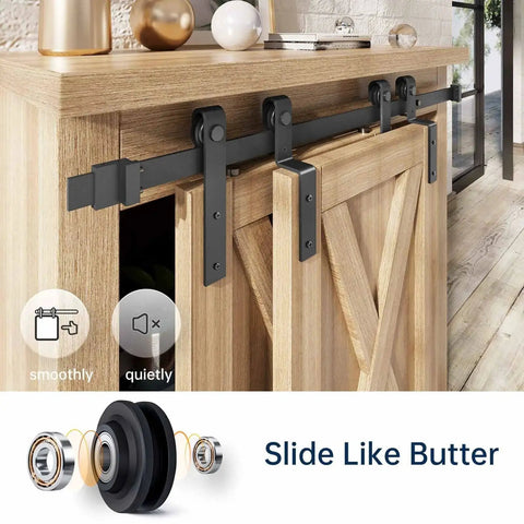 4 Ft Mini Cabinet Bypass Double Sliding Barn Door Hardware Track Kit shown installed on wooden cabinet