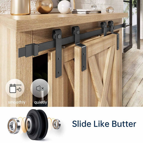 6 Ft Cabinet Bypass Sliding Barn Door Hardware Track Kit installed on wooden cabinet, showcasing smooth and quiet carbon steel track.