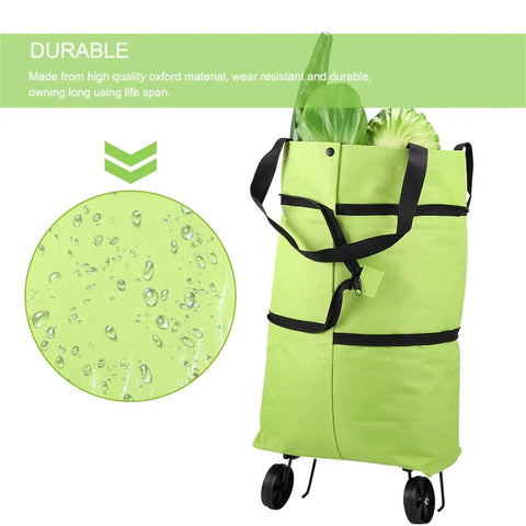 2 In 1 Foldable Shopping Cart With Wheels And Waterproof Tote showcasing green durable fabric and vegetables inside