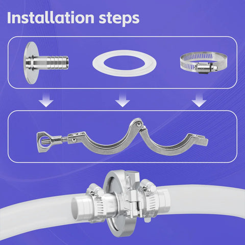 Two-pack 1.5in tri-clamp to 1in barb stainless steel sanitary fittings with silicone gaskets and hose clamp