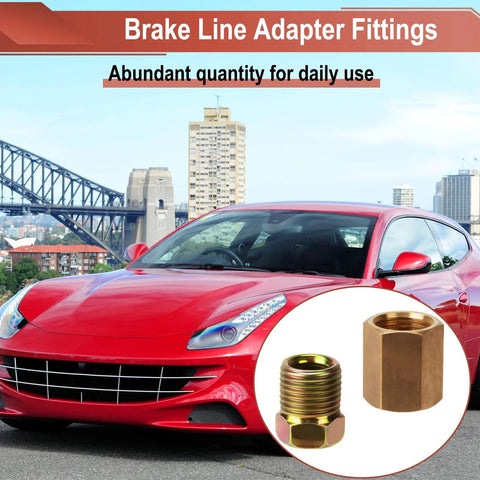 Brass brake line fittings set, 12 pieces (4 unions, 8 nuts) for 1/4 in line; 7/16-24 threads; shown with a red car.