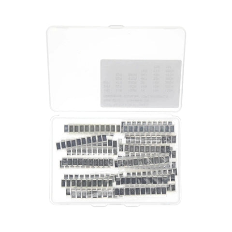 Top-down view of MERICDA SMD resistor kit in clear case; 330 pieces of 2512 5% thick-film resistors (33 values).