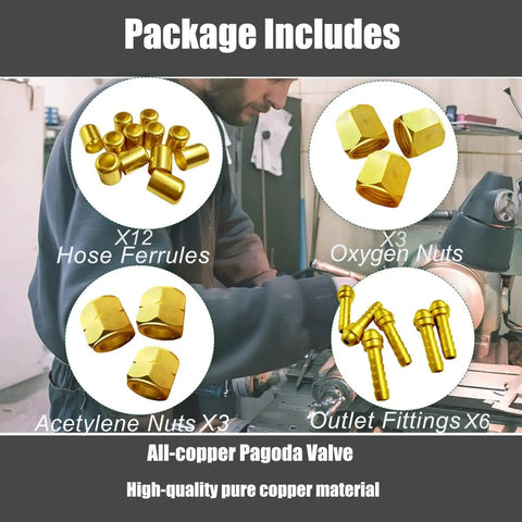 Quarter Inch Torch Hose Repair Kit For Oxygen And Acetylene With Brass Fittings packaging showing ferrules and nuts.