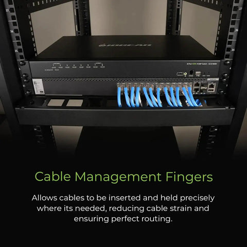 1U 19 Inch Horizontal Cable Management Duct With Removable Cover installed in server rack with organized blue cables
