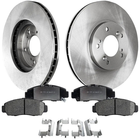 Front view of brake disc and pad kit for Acura RL (1999-2004); cast iron rotors with brake pads and hardware.