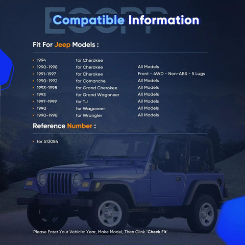 Compatibility chart for Jeep models with front wheel hub bearing assembly for 1989-1999 and image of blue Jeep.