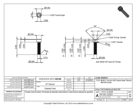 Technical drawing of Pack Of 20 True Titanium Socket Head Machine Screws, 0-80 Size, One Quarter Inch UNF, Grade 2 CP Titanium.