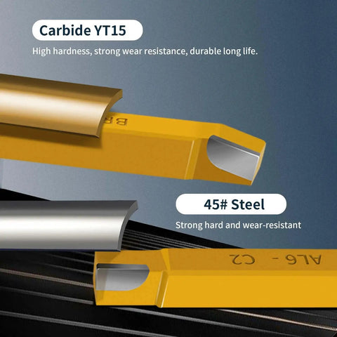 Close-up of carbide and 45# steel lathe tool tips from the Twenty Piece Half Inch Carbide Tip Cutter Tool Set For Metal Lathe Turning Boring And Chamfering Pro Grade Heavy Duty Lathe Tools With AR8 AL8 BR8 BL8 E8 And C8 Holders Includes 10 C6 Steel Sets And 10 C2 Iron Sets