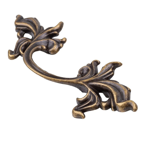 French Provincial Grape Leaf Drawer Pull in antique brass finish, 3 inch centers, die cast zinc hardware for cabinets and dressers.