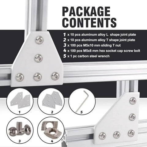 Package contents of 2020 Series Aluminum Corner Bracket Kit with L and T shape joint plates, T nuts, M5 screws, and wrench for 20x20mm extrusion.