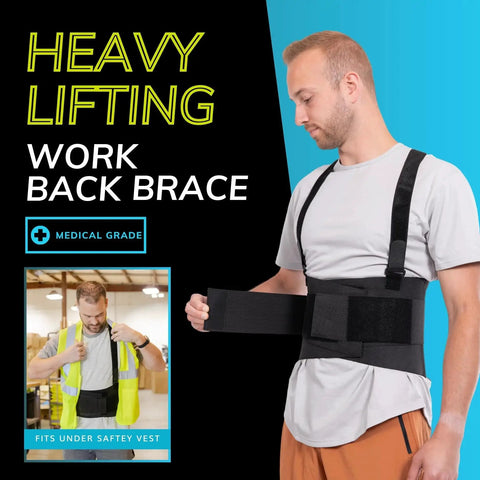 BraceAbility Work Back Brace, black, front view with removable shoulder suspenders; inset shows safety vest.