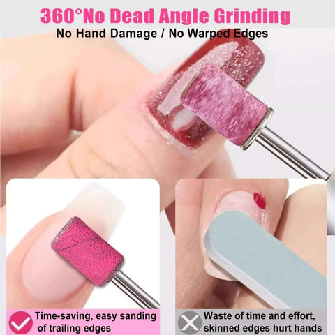 Close-up of Pro Nail Drill Sanding Bands Set 135 Pcs For Nail Techs Mixed Grit 80 120 180 240 Fine Grit in use on nail
