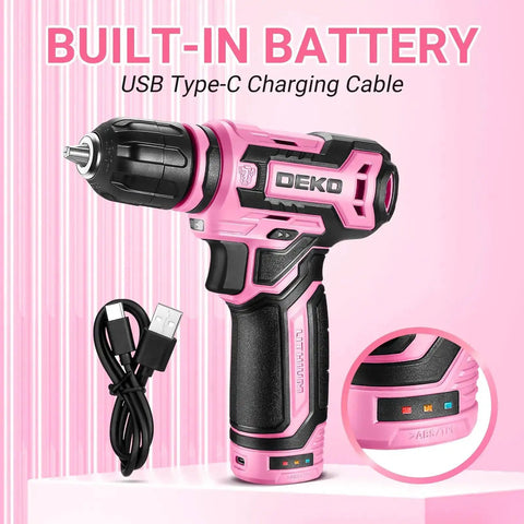 12V Cordless Drill Kit With Pink Design And LED Light 800 RPM Power Drill Set with USB Type-C charging cable and controls