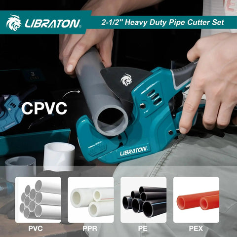 Heavy Duty Ratcheting PVC Pipe Cutter for PEX PVC and PPR Hoses up to Two and One Half Inches in use cutting CPVC pipe.
