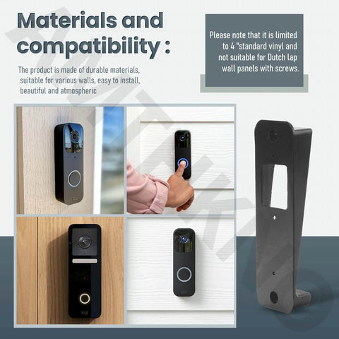 Vinyl Siding Mount And Angle Wedge For Video Doorbell 4 Inch Standard Vinyl Only Not For Dutch Lap Siding Includes Screws Black No Fuss Install Bracket shown installed on wall with video doorbell.