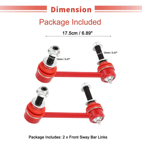 Two red front sway bar links for Toyota Tacoma; stabilizer links with bolt-on ends and washers, about 17.5 cm long