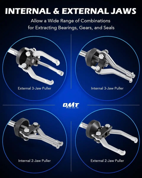 Diagram of 9-Way Internal And External Slide Hammer Puller Set with 5 lb hammer showing external and internal 2-jaw and 3-jaw pullers.