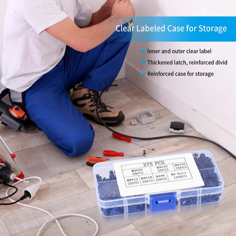 Man using M4 Flat Head Machine Screws And Nuts Kit 275 Piece Black Countersunk Phillips Head Screws Bolts on wood floor.