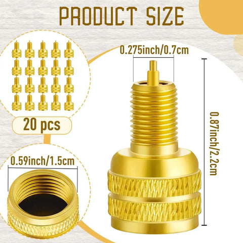 20 Pcs Large Bore Tire Valve Adapters Brass 22mm External Stem Reducers in gold color showing dimensions and set of adapters