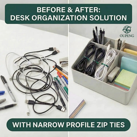 Before and after desk organization with narrow profile zip ties. Left shows tangled wires; right shows organized cables in a box.