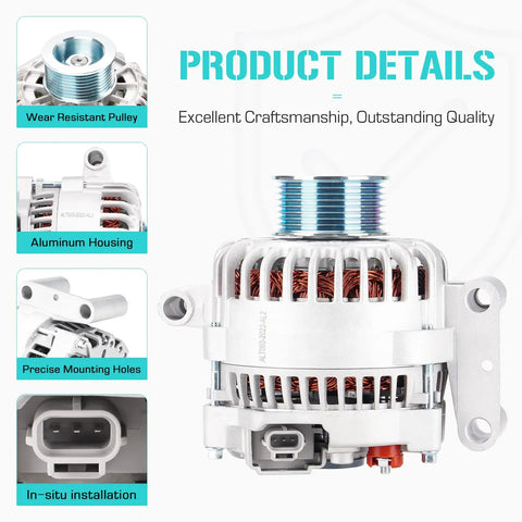 New 7.3L Alternator For Excursion 2000 2001 And F 250 F 350 Super Duty 1999 2001 Ambulance Package Primary Or Non Ambulance Replacement Part Plug And Play Ready Replaces 112949 F81U 10300 EB silver alternator with visible pulley and aluminum housing