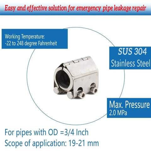Leak Sealing Pipe Repair Clamp Kit For Three Quarter Inch Pipes 19 To 21 Millimeter, stainless steel, emergency plumbing fix
