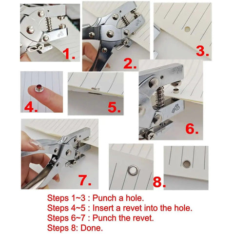 Step-by-step guide using Beefy Heavy Duty 5mm Hole Punch And Eyelet Riveting Pliers Set with 200 Silver Rivets on paper