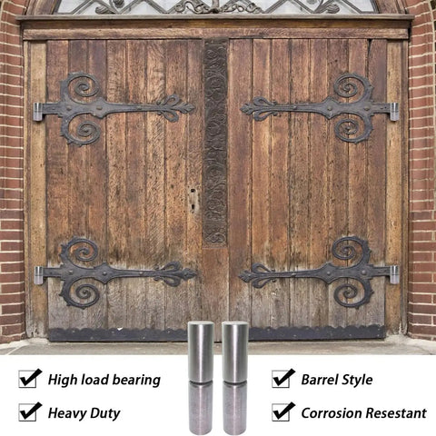 Heavy Duty Weldable Barrel Door Hinges Set Two And Three Eighths Inches By One Half Inch Weld On Bullet Hinge Detachable For Trailer Ramp Gate Swing Doors 360 Degree Rotation Carbon Steel shown on rustic wooden doors with decorative metal accents
