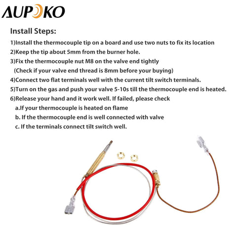 Aupoko patio heater thermocouple replacement kit; 410 mm length, M8x1 end, M6x0.75 head, brass nuts, red/white wires