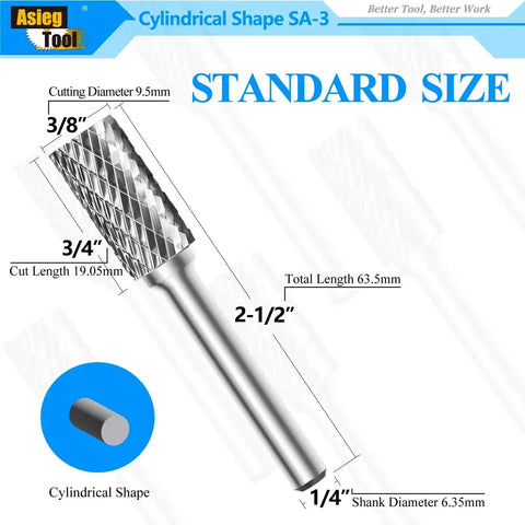 Diagram of Premium Tungsten Carbide Burr Rotary File Cylindrical Double Cut For Die Grinders And Drills One Quarter Inch Shank Diameter Three Eighths Inch Cutter Diameter And Three Quarter Inch Cutter Length Great For Metalworking Wood Carving Jewelry Making showing dimensions.