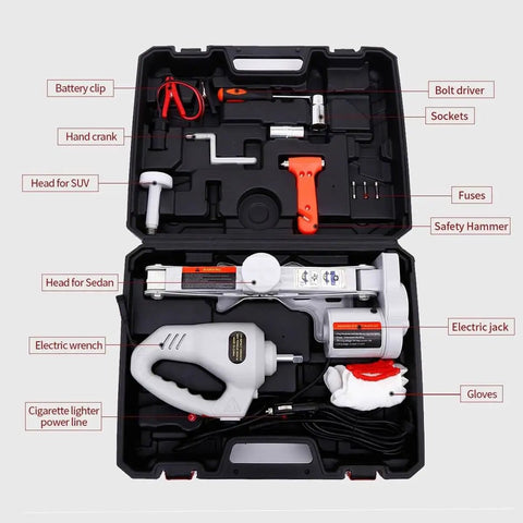 Electric 12V Car Jack Kit With Floor Jack Stands, Heavy Duty 3 Ton Vehicle Scissor Lift, tool set with impact wrench and accessories