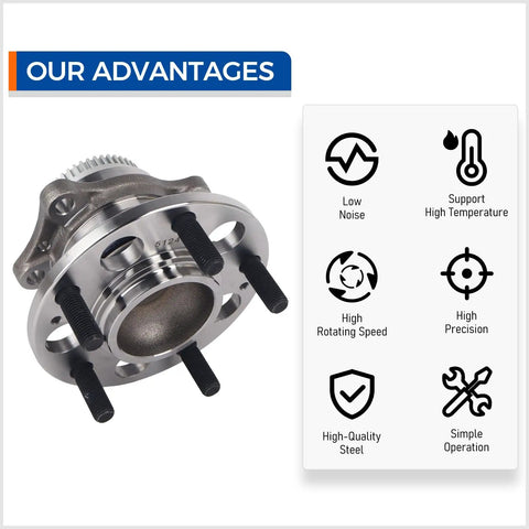 Rear Wheel Hub Bearing Assembly Fits Hyundai Elantra 2011-2016, showing advantages like low noise and high-quality steel in diagram
