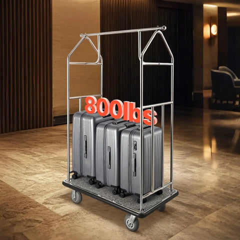 Hotel Luggage Cart With Brushed Stainless Steel Finish And Grey Carpeted Deck Bellman Valet Cart With 800 Lbs Capacity, loaded with suitcases in a hotel lobby.