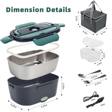 Electric Lunch Box Food Heater On The Go Car And Truck Warmer, 80W, 12V 24V 110V power, 304 stainless steel container, dimension details