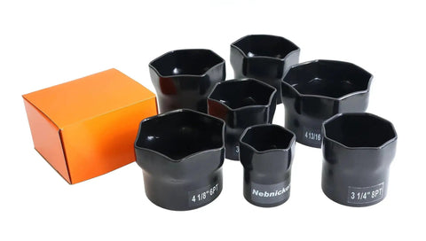 Set of 8-point axle wheel bearing sockets in various sizes, including 4-7/8 Inch 8-Point Truck Axle Wheel Bearing Socket for Axle Nut Socket Set.