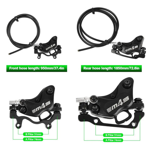 Front and rear views of JFOYH 4-piston e-bike hydraulic disc brakes with long hoses and power-off sensor connector