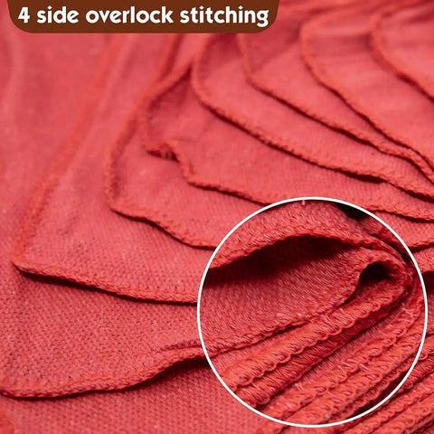Close-up of 500 Pack 14x14 Shop Towels For Auto Mechanics 100 Percent Cotton Lint Free Commercial Grade Red Rags stitching detail