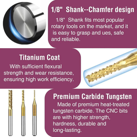 Image showcasing Titanium Coated Engraving Milling Cutter Set For Dremel Rotary Tools, featuring 1/8 inch shank and tungsten carbide bits.