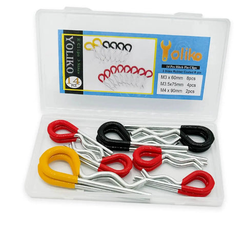 Heavy Duty Hitch Pins R Clips Set 14Pcs Rubber Coated Spring Retaining Pins in three sizes M3x60, M3.5x75, M4x90 in packaging