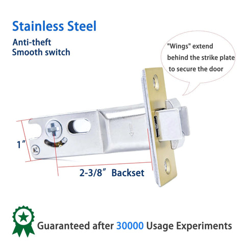 Stainless steel latch with 2-3/8 inch backset and anti-theft features, part of Color Coded Pocket Door Privacy Lock.